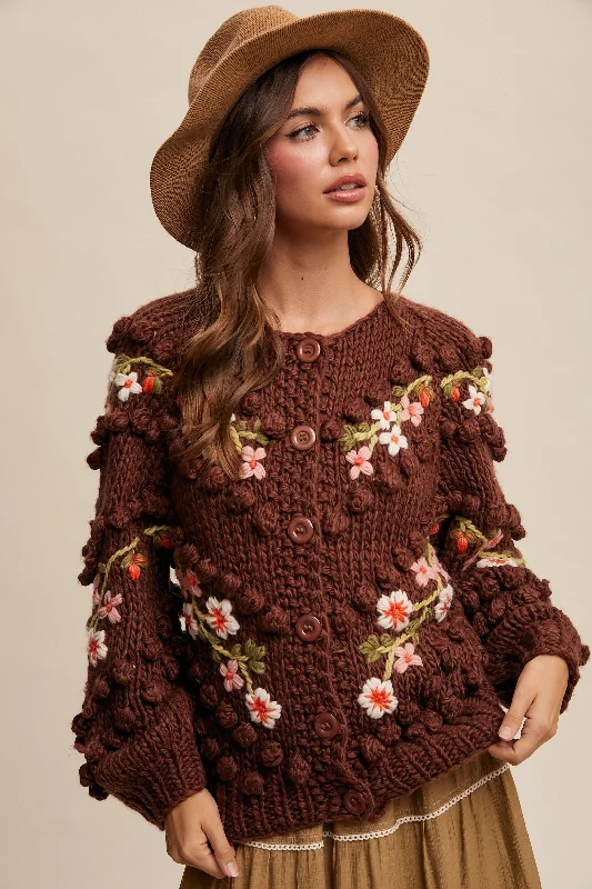 Effortless Chic Apparel Brown Embroidered and Tufted Dot Cable Knit Cardigan