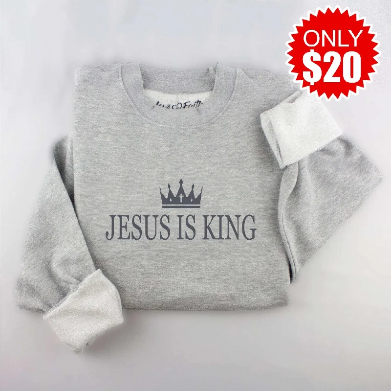 Day-To-Night Styles Embroidered Jesus Is King Sweatshirt - Heather Grey - 20