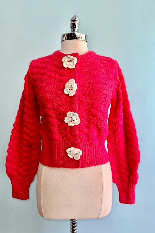 Fashion Forward Red Knit Cardigan with Rosette Detail