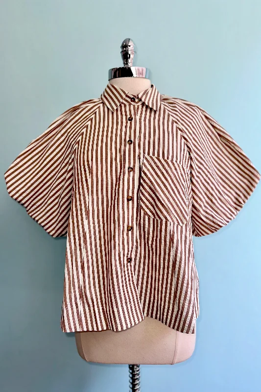 Trendy Styles Pecan Stripe Button Down Balloon Sleeve Top