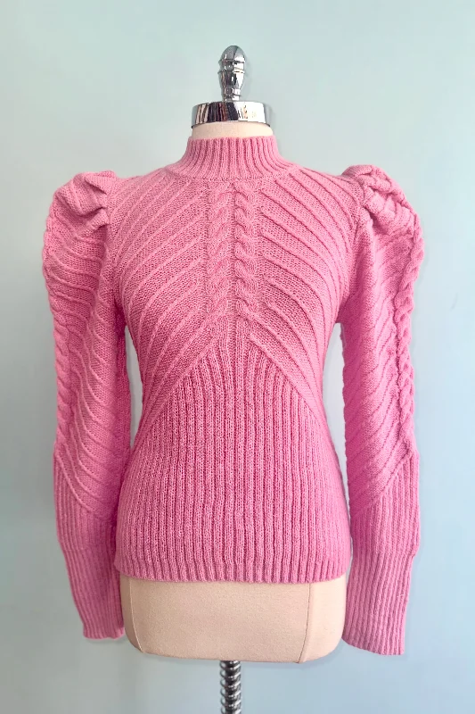 Father's Day Deals Dusty Pink Mock Neck Puff Sleeve Sweater