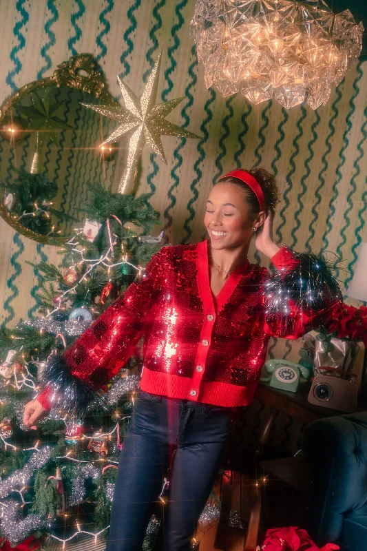 End Of Season Sale Red & Black Buffalo Plaid Full Sequin With Feather Sleeve Cardigan