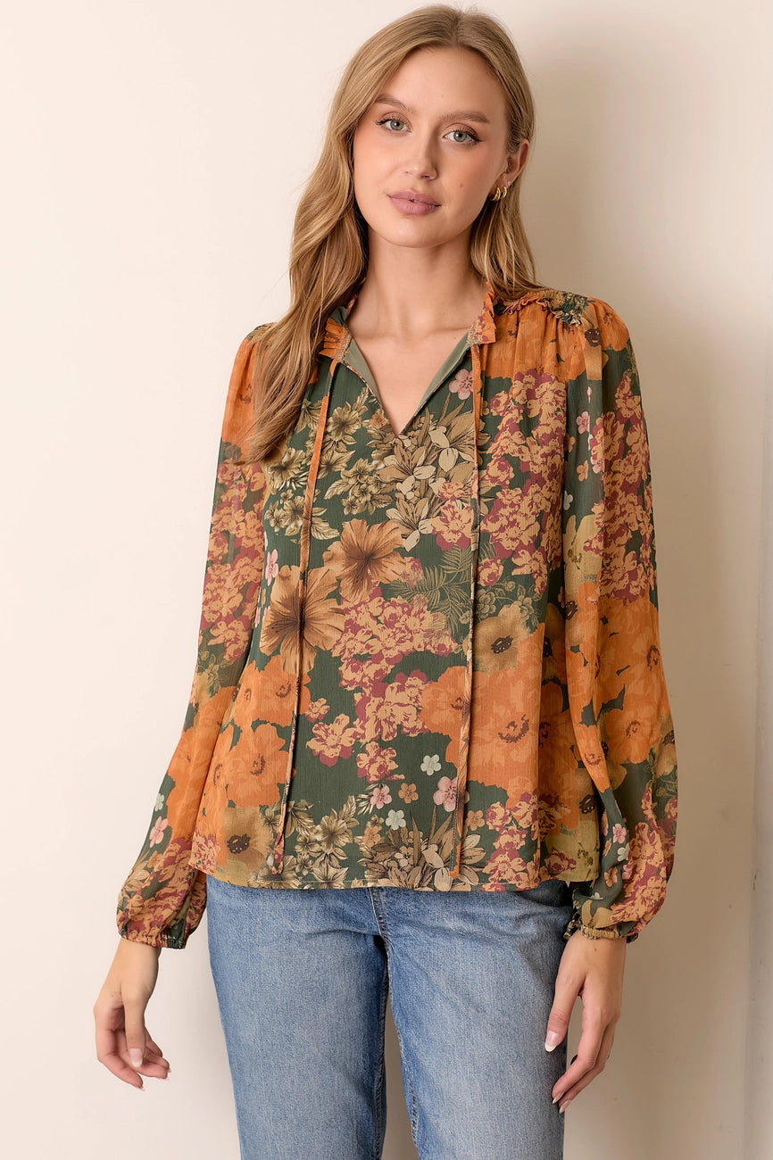 Hot Styles Green and Orange Floral Long Sleeve Blouse