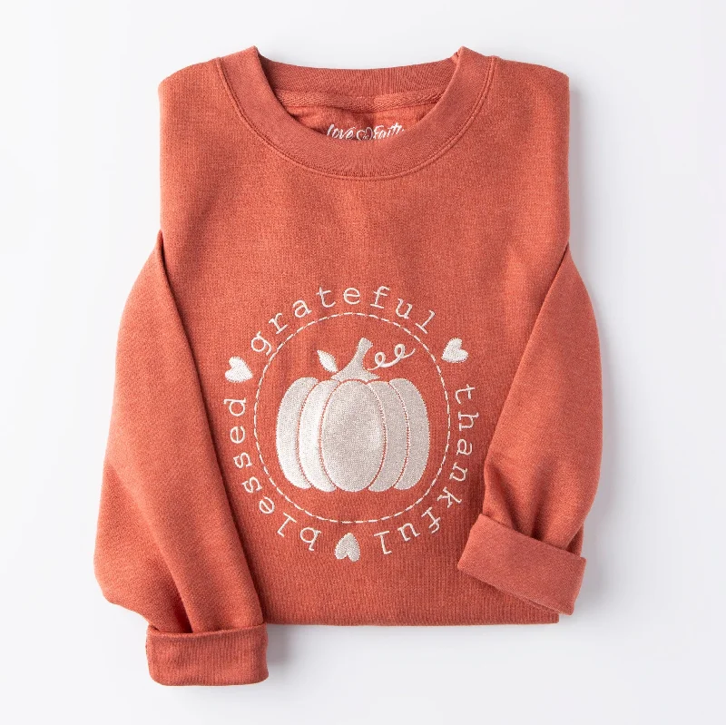 Style Breakthroughs Embroidered Thankful Grateful Blessed Pumpkin  Sweatshirt