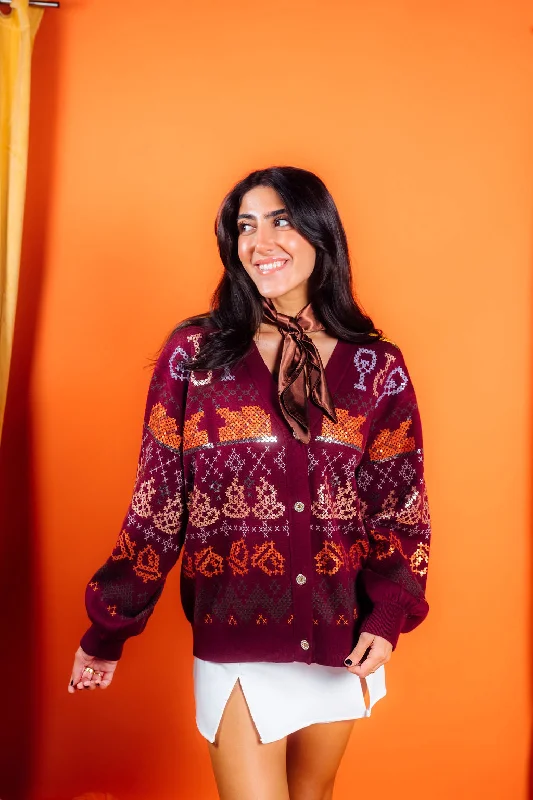 Urban Sophistication Maroon Needlepoint Thanksgiving Cardigan